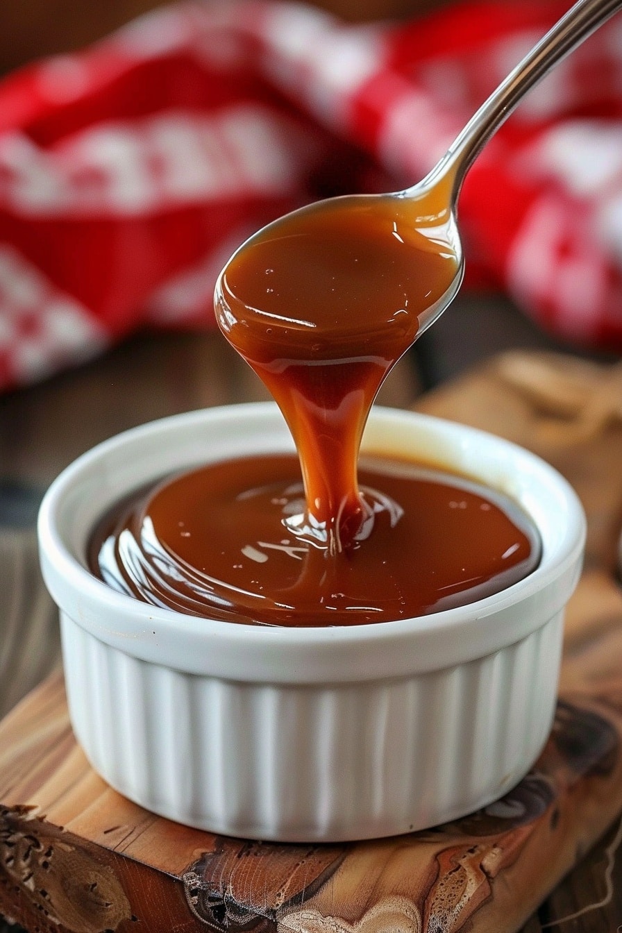 Luscious caramel drizzle pouring slowly from a spoon, captured in warm natural light with French-inspired styling and bokeh background.