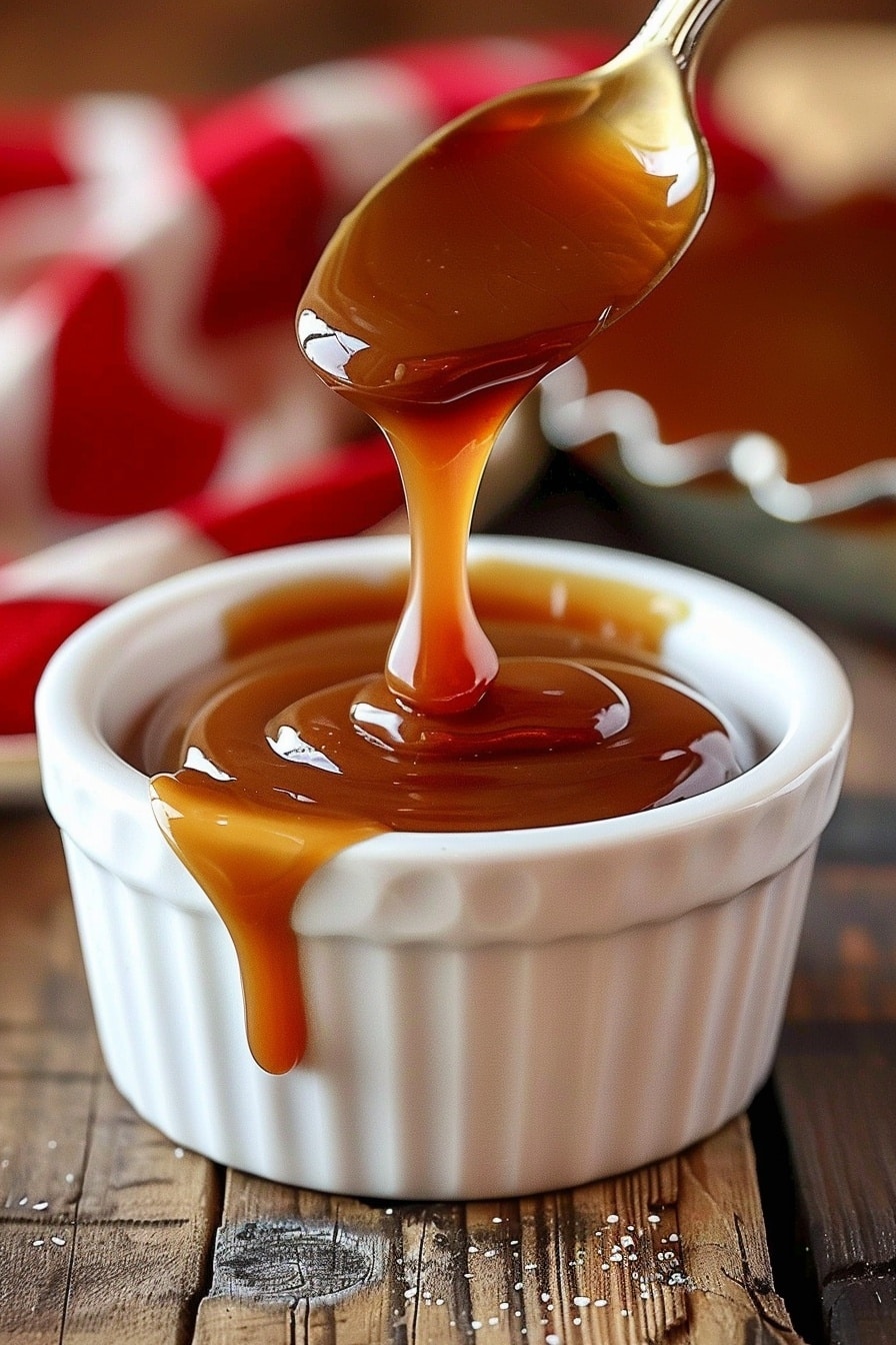 Close-up of homemade glossy caramel swirl, showcasing its thick, velvety texture and golden amber color, in a ceramic dish.