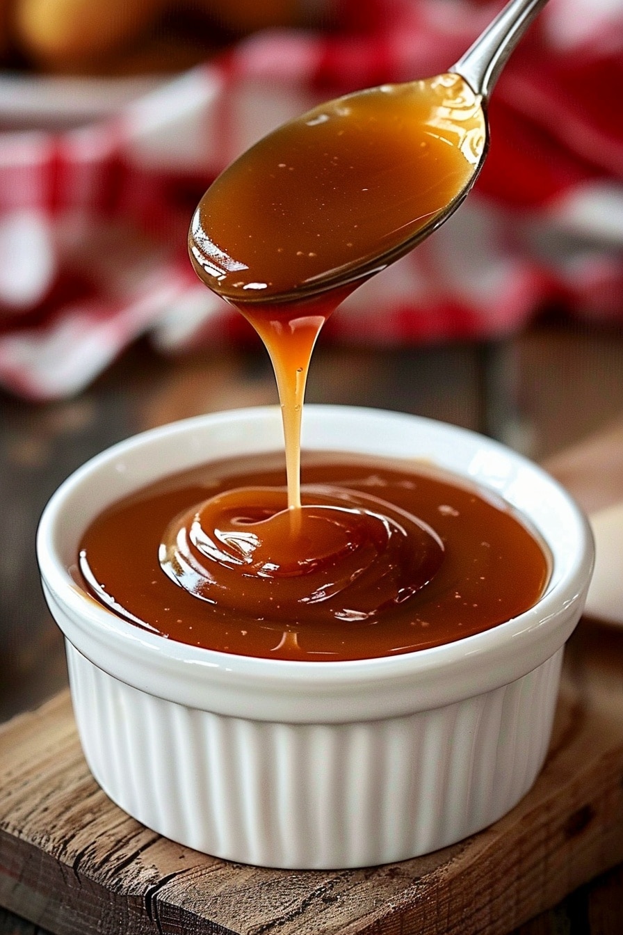 Silky caramel sauce dripping from a spoon into a white ramekin, styled on a rustic wooden board with a red and white checkered napkin in the background.