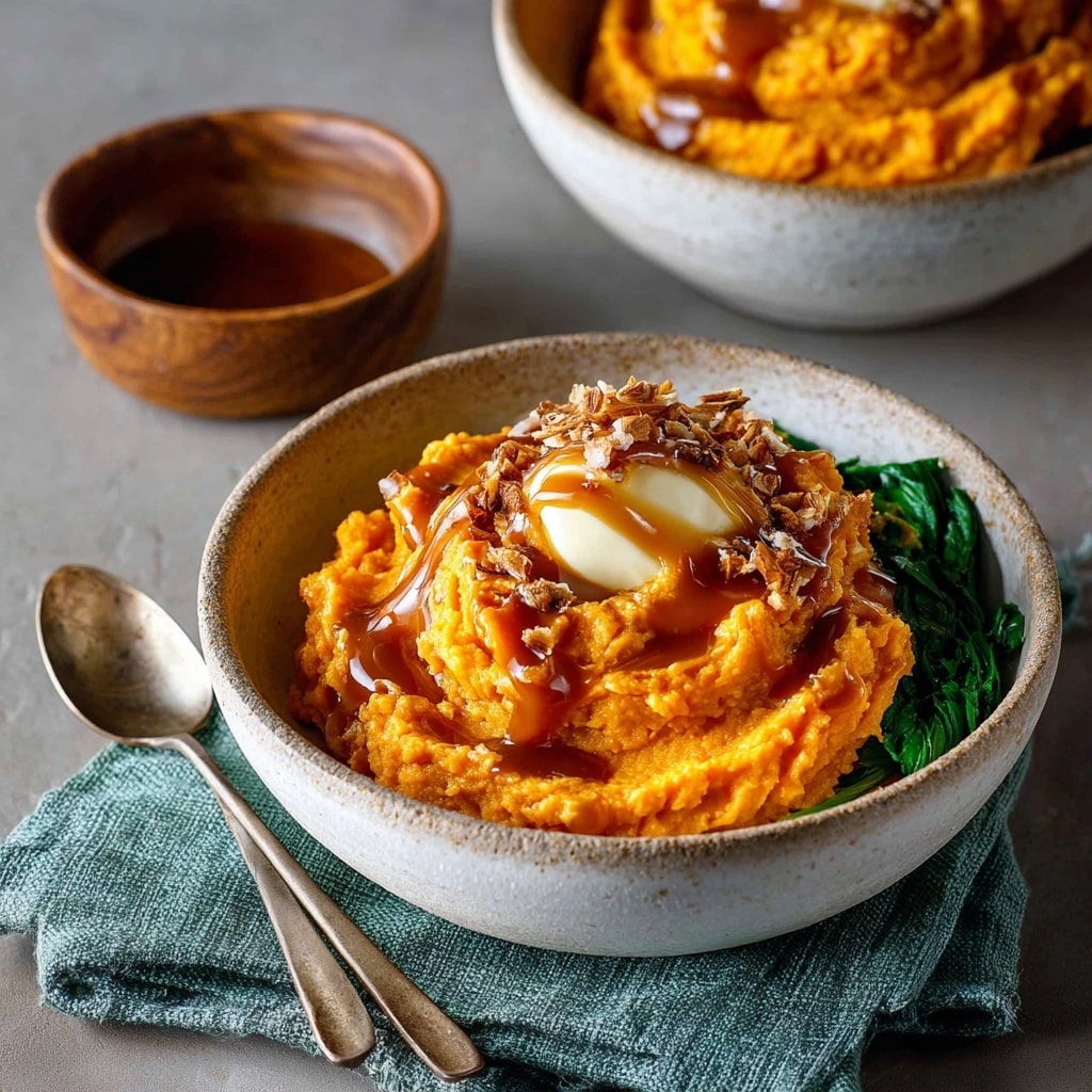 Dairy-free mashed sweet potatoes made with coconut milk and olive oil, garnished with toasted pecans and fresh thyme in an earth-toned bowl.