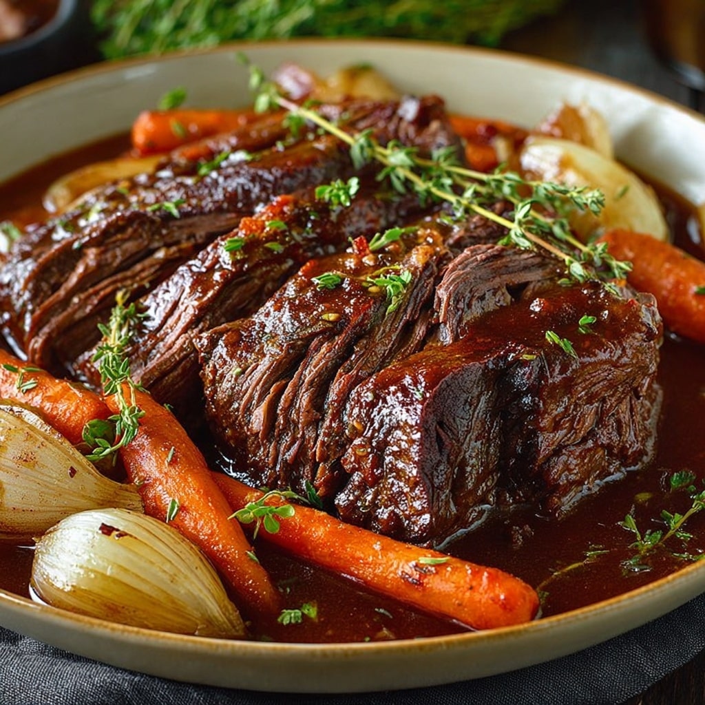 Close-up of juicy beef pot roast glazed with rich red wine sauce, styled elegantly on a gold-trimmed dinner plate. 