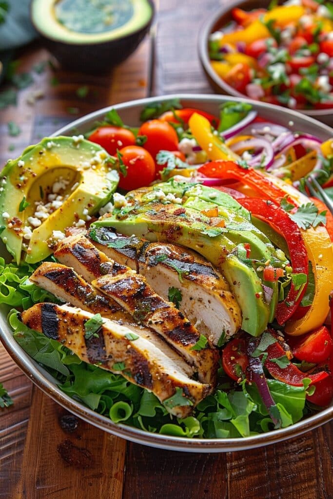 Grilled chicken fajita salad with colorful bell peppers, avocado, and fresh lettuce in a ceramic bowl on a rustic wood table