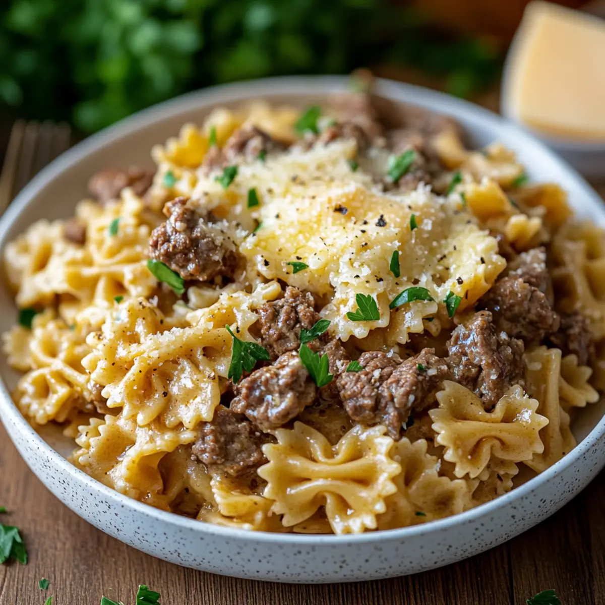 cheesy beef and bowtie pasta in garlic butter