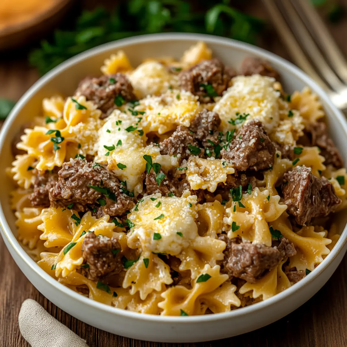 cheesy beef and bowtie pasta in garlic butter