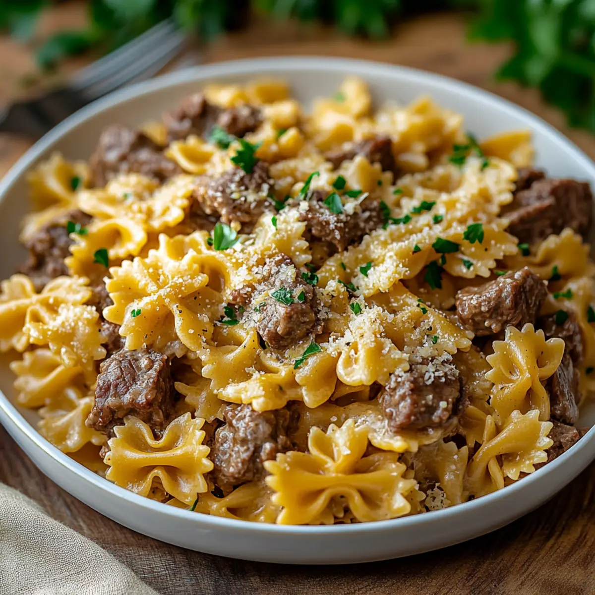 cheesy beef and bowtie pasta in garlic butter