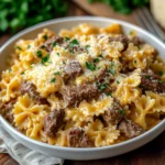 cheesy beef and bowtie pasta in garlic butter