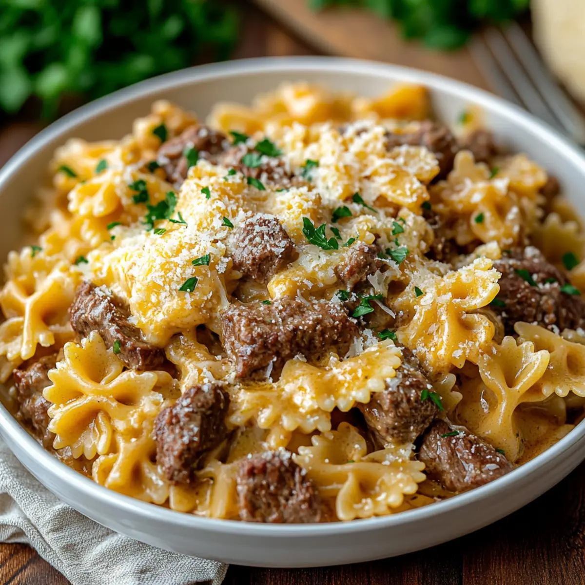 cheesy beef and bowtie pasta in garlic butter