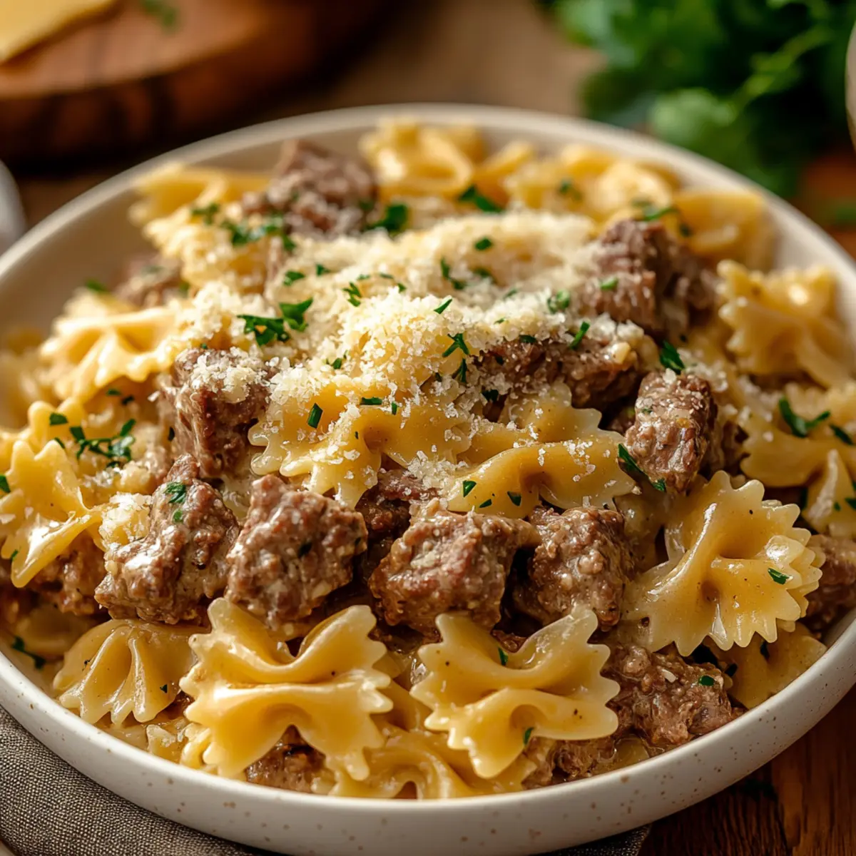 cheesy beef and bowtie pasta in garlic butter