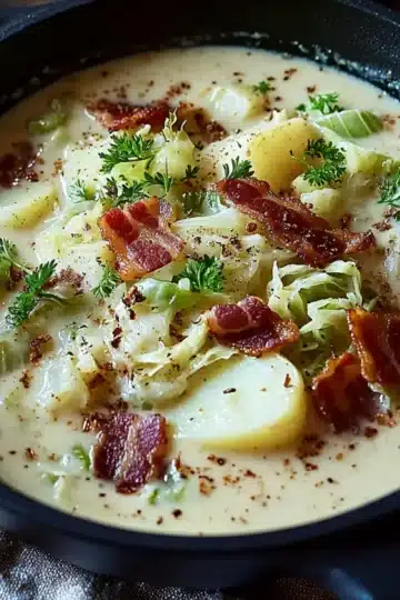 Creamy Cabbage & Potato Soup with Caraway & Crispy Bacon