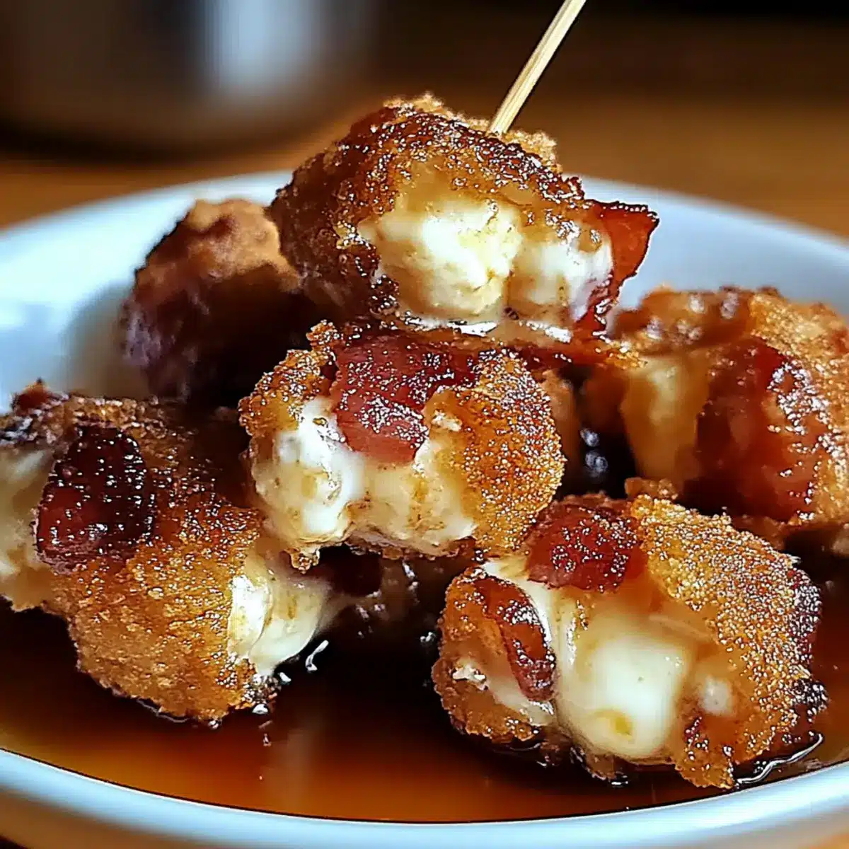 Irresistible Crispy Bacon Mozzarella Poppers with Glaze - Finished dish plated beautifully