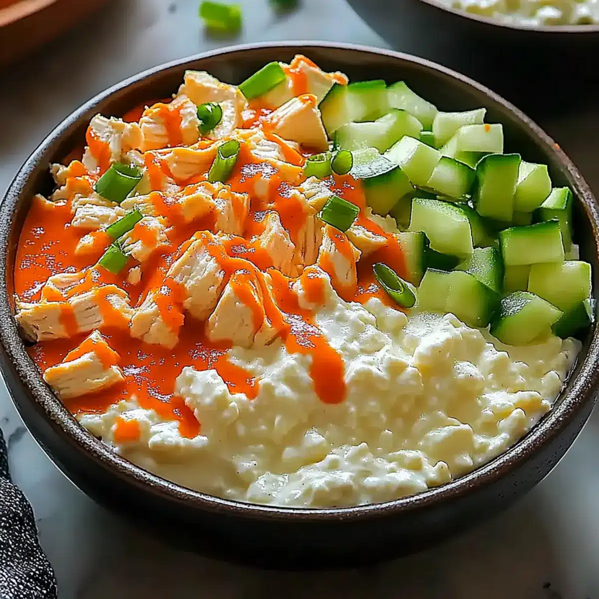 Buffalo Chicken Cottage Cheese Bowl Recipe - Finished dish plated beautifully