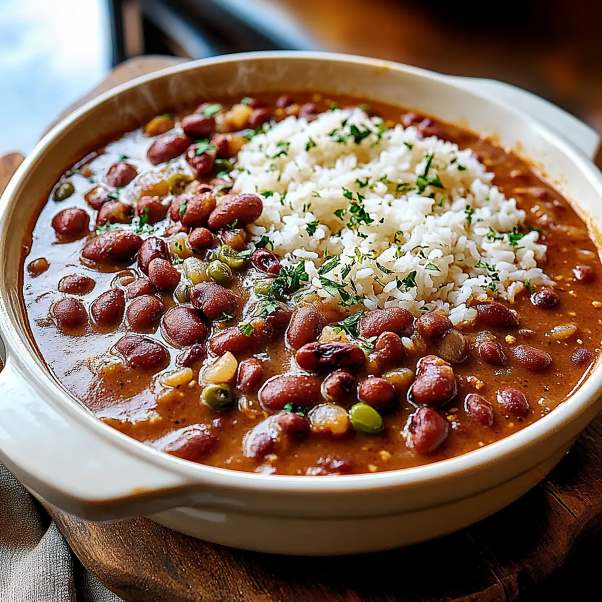 Louisiana Red Beans and Rice - Finished dish plated beautifully