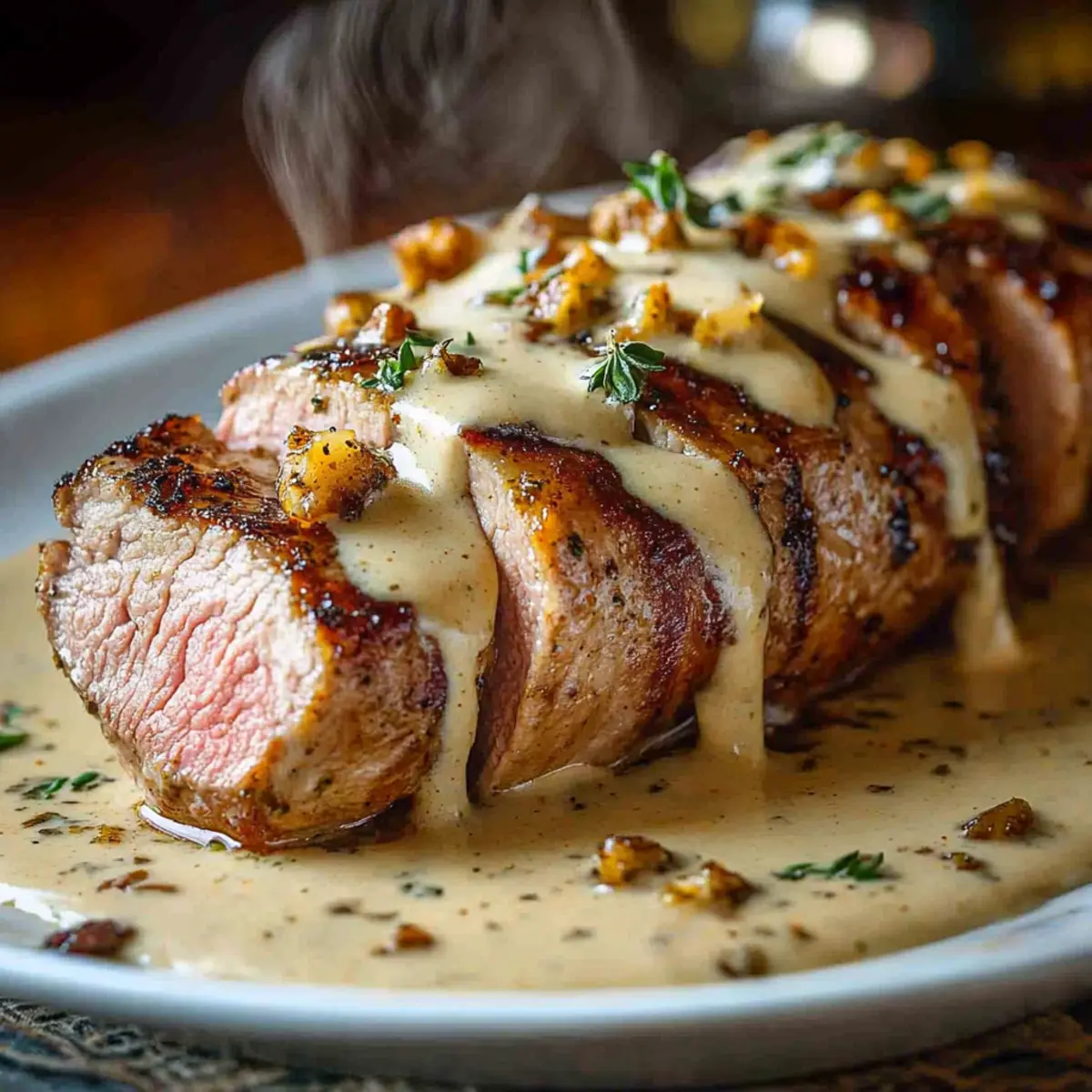 Best-Ever Pork Tenderloin with Dijon Cream Sauce – Savory Splash - Finished dish plated beautifully