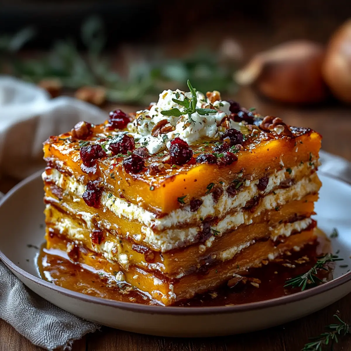 Layered Sweet Potato, Butternut Squash, Parsnips Lasagna with Feta, Walnuts & Cranberry-Honey Glaze - Close-up of delicious texture