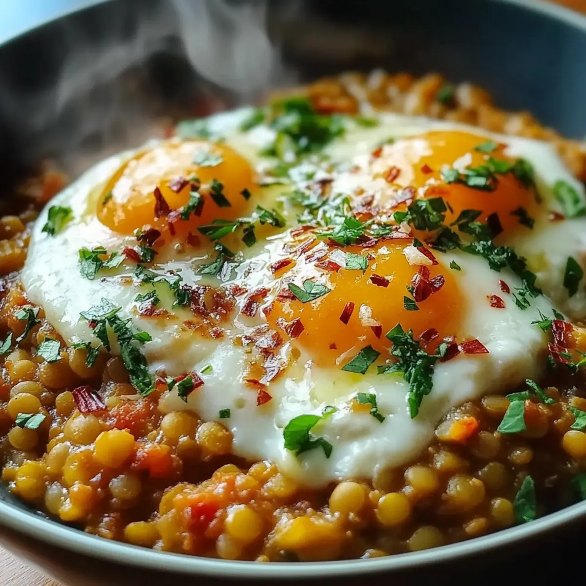 Savory Lentil Breakfast Bowl - Finished dish plated beautifully