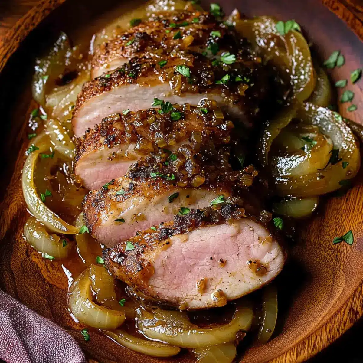 Maple Mustard Pork Tenderloin with Caramelized Onions - Finished dish plated beautifully