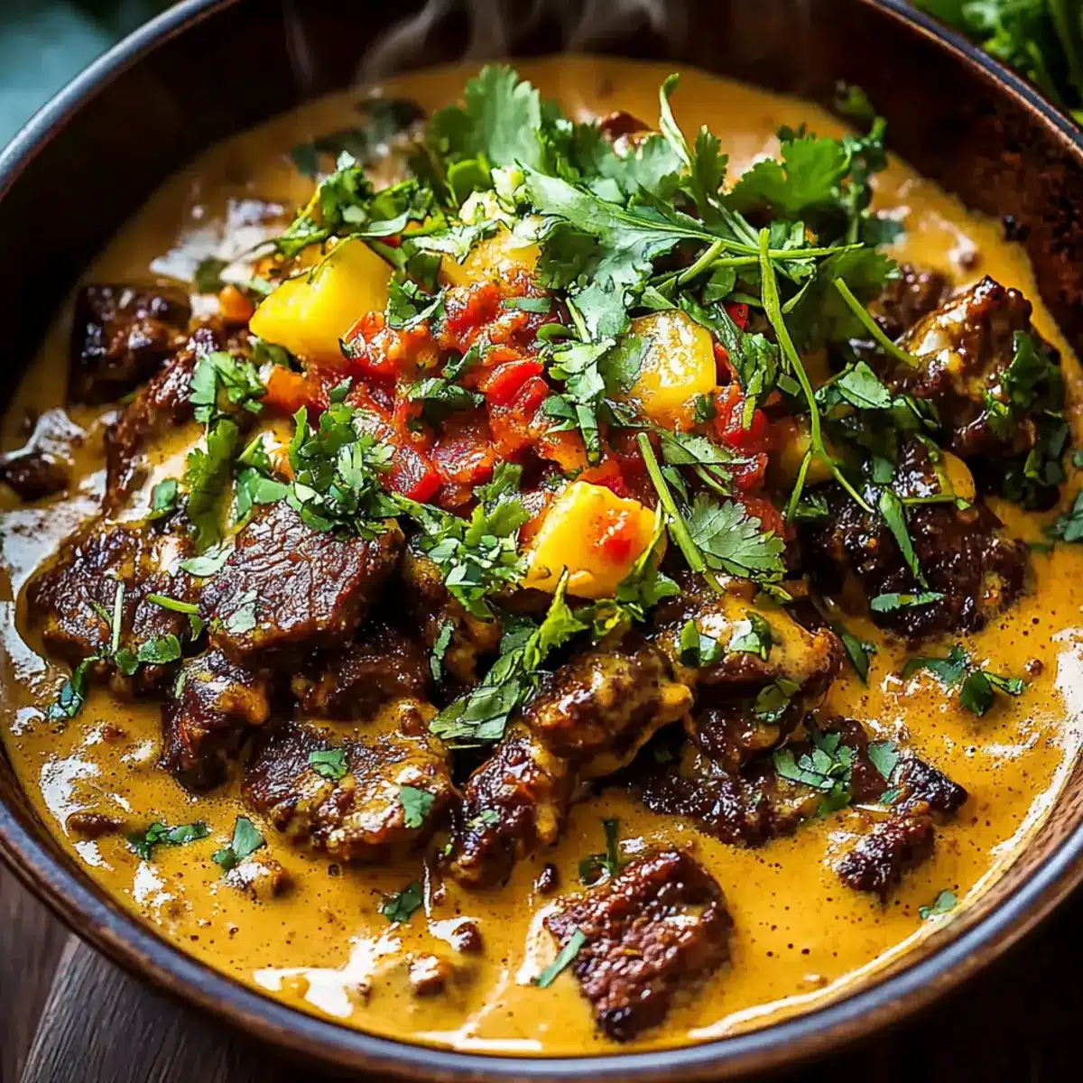 Curried Beef & Mushrooms with Creamy Peanut Sauce and Mango Salsa: A Bowl That Redefines Comfort and Bold Flavor