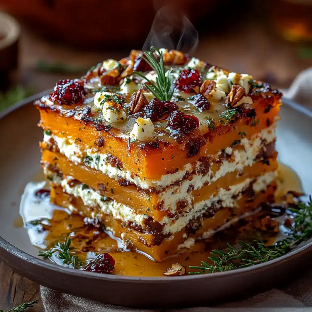 Layered Sweet Potato, Butternut Squash, Parsnips Lasagna with Feta, Walnuts & Cranberry-Honey Glaze - Finished dish plated beautifully