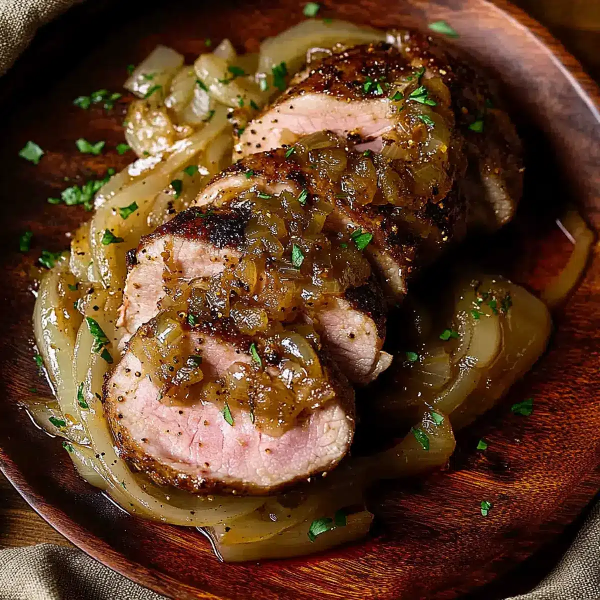 Maple Mustard Pork Tenderloin with Caramelized Onions - Close-up of delicious texture