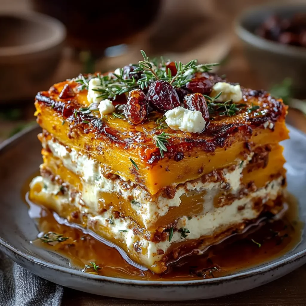 Layered Sweet Potato, Butternut Squash, Parsnips Lasagna with Feta, Walnuts & Cranberry-Honey Glaze